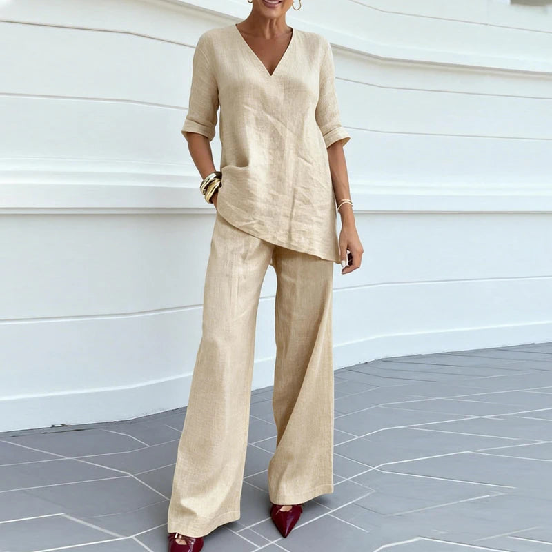 Summer Casual Solid V Neck Short Sleeve T-Shirts Loose Pocket Wide Leg Pants Suit Women Comfortable Beach Holiday Two Piece Set