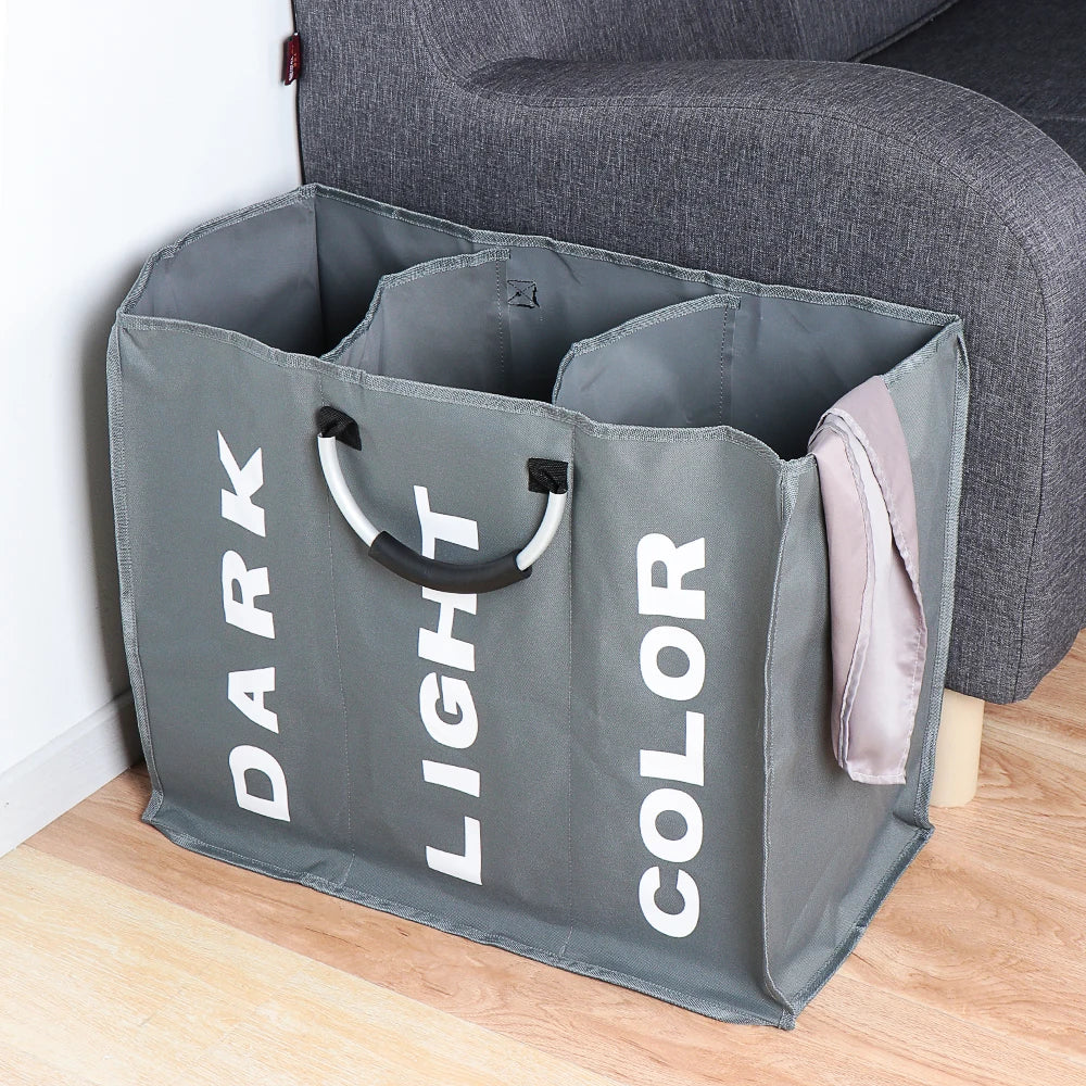 1PC Foldable Home Laundry Basket Large Dirty Laundry Basket Hamper 3 Section Oxford Cloth Dirty Clothes Bag with Aluminum Handle