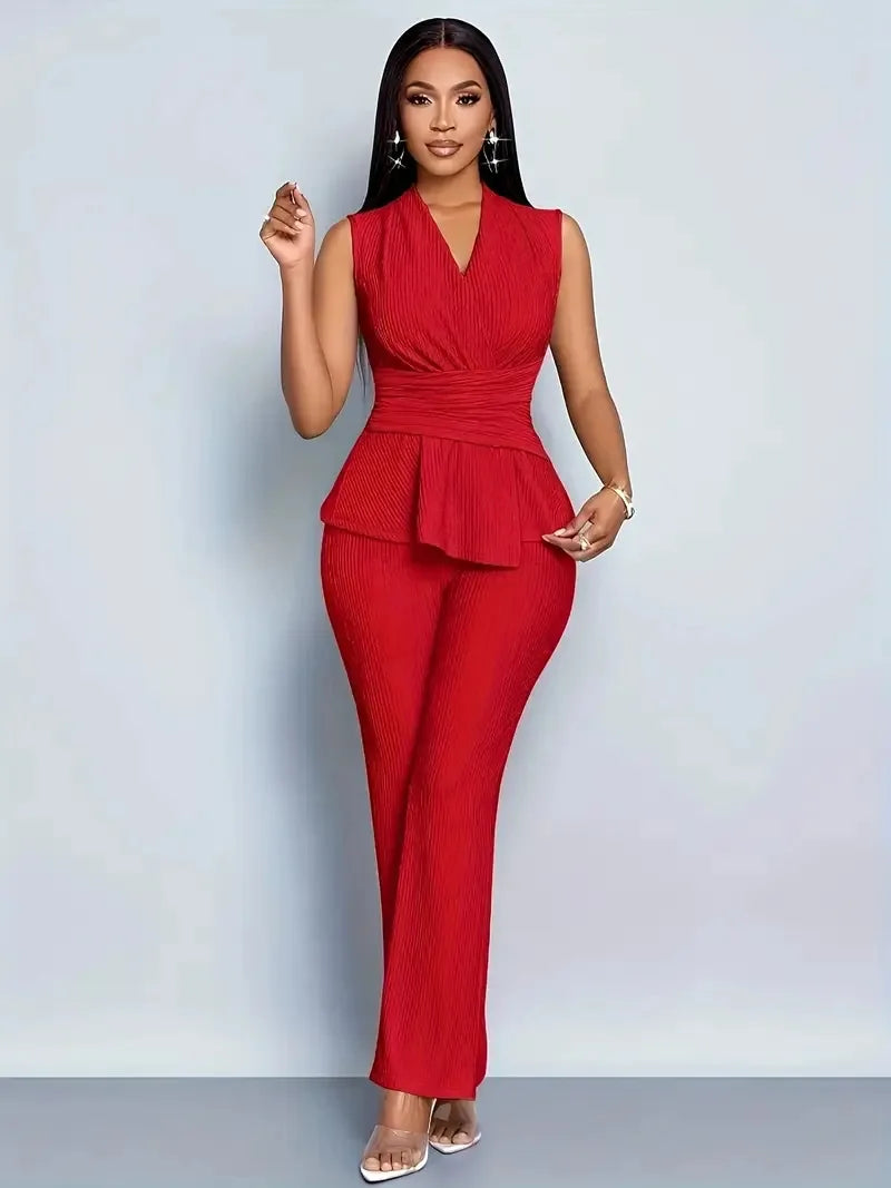 New Spring Summer Women's Trousers Two-piece Elegant Slim V-neck Sleeveless Irregular T-shirt Wide-leg Pants Office 2-piece Set