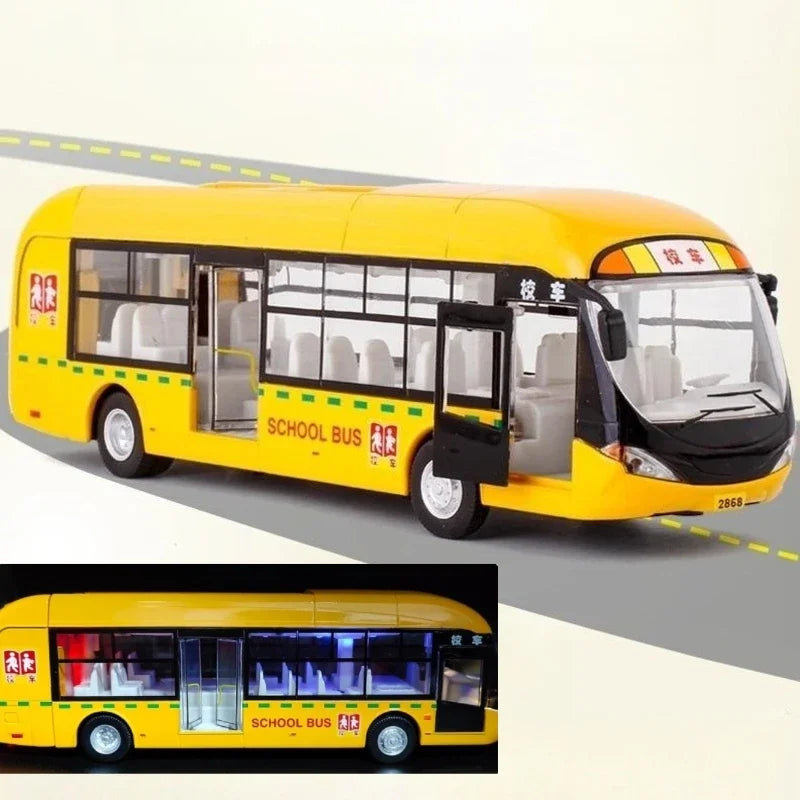 School Bus Car Model Diecast Metal Toy Vehicles City Bus Simulation Doors Openable Sound & Light Collection Kids Toys Gifts