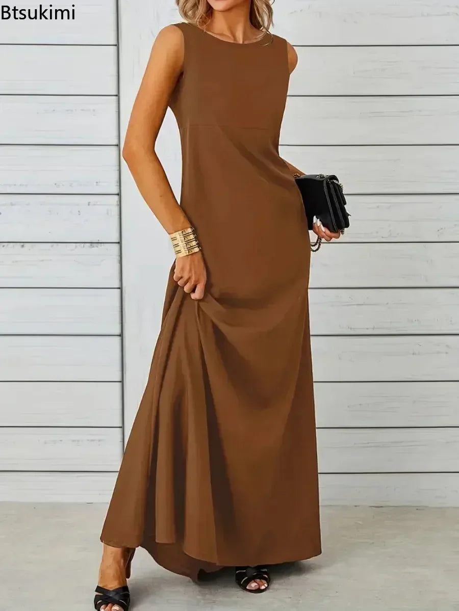 2026 Women's Summer Elegant Long Dress Fashion Solid Sleeveless O-neck Temperament Slim Maxi Dress Ladies A-line Casual Dress