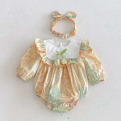 New Spring Sister Dress Kids Princess Dresses Long Sleeved Cotton Print 2-7Yrs Girl Party Dress Baby Girl Romper