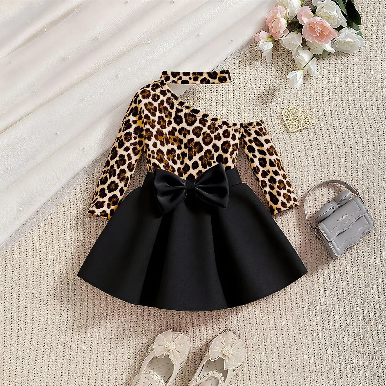 Girls' Off-Shoulder Bow Ruffle Sleeve Two-Piece Dress Set