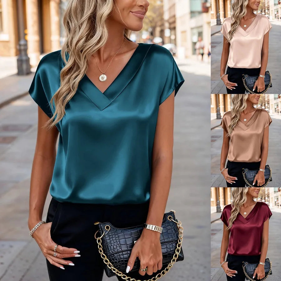 Women's Satin V-Neck Short Sleeve Blouse