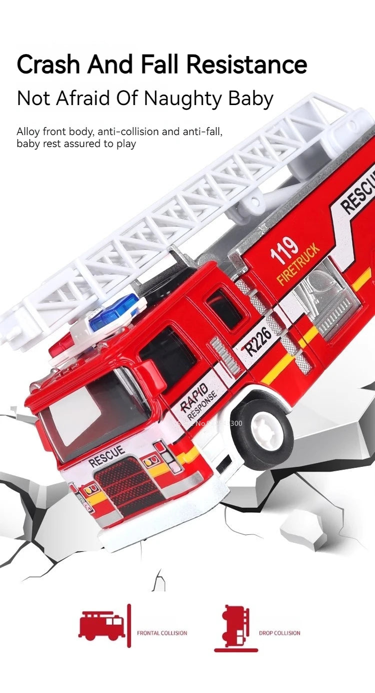 1:32 Fire Truck Model Toy Car Alloy Body Rubber Tire Music Light Pull Back Climbing Water Tank 119 Vehicles Models Toys Gifts