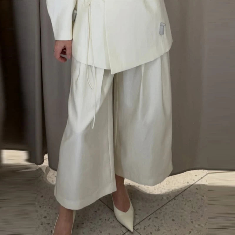 Elegant Stain Loose Jacket Pants Suit Women Solid Lace Up Full Sleeve V-neck Jackets Wide Leg Trousers Fashion Street Sets Lady