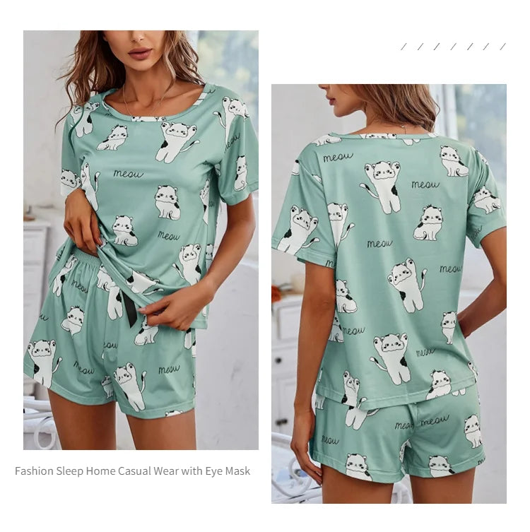 2026 Women Casual Cute Outdoor Shits with Shorts Pajamas Sets Short Sleeve Sleepwear 2 Piece Pjs Cartoon Cat Print Pyjamas Sets