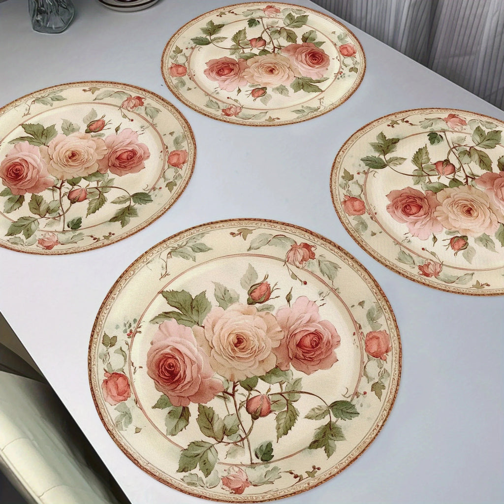Elegant Pink Rose Placemats - Set of 4 | Non-Slip, Heat Resistant, Vintage Floral Design | Machine Washable 15" Dining Mats