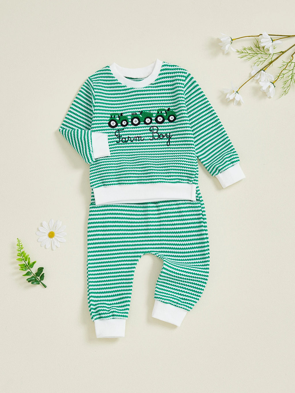 Baby Boy Truck Embroidery Striped Sweatshirt & Joggers Set