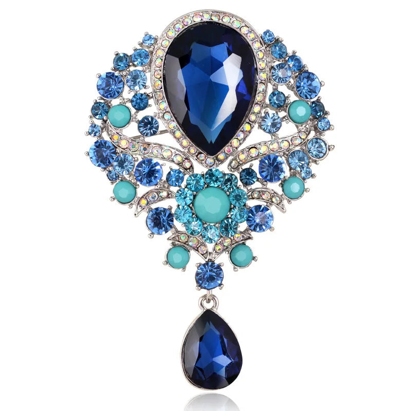 Teardrop Sapphire Rhinestone Dangle Brooch – Statement Lapel Pin for Women