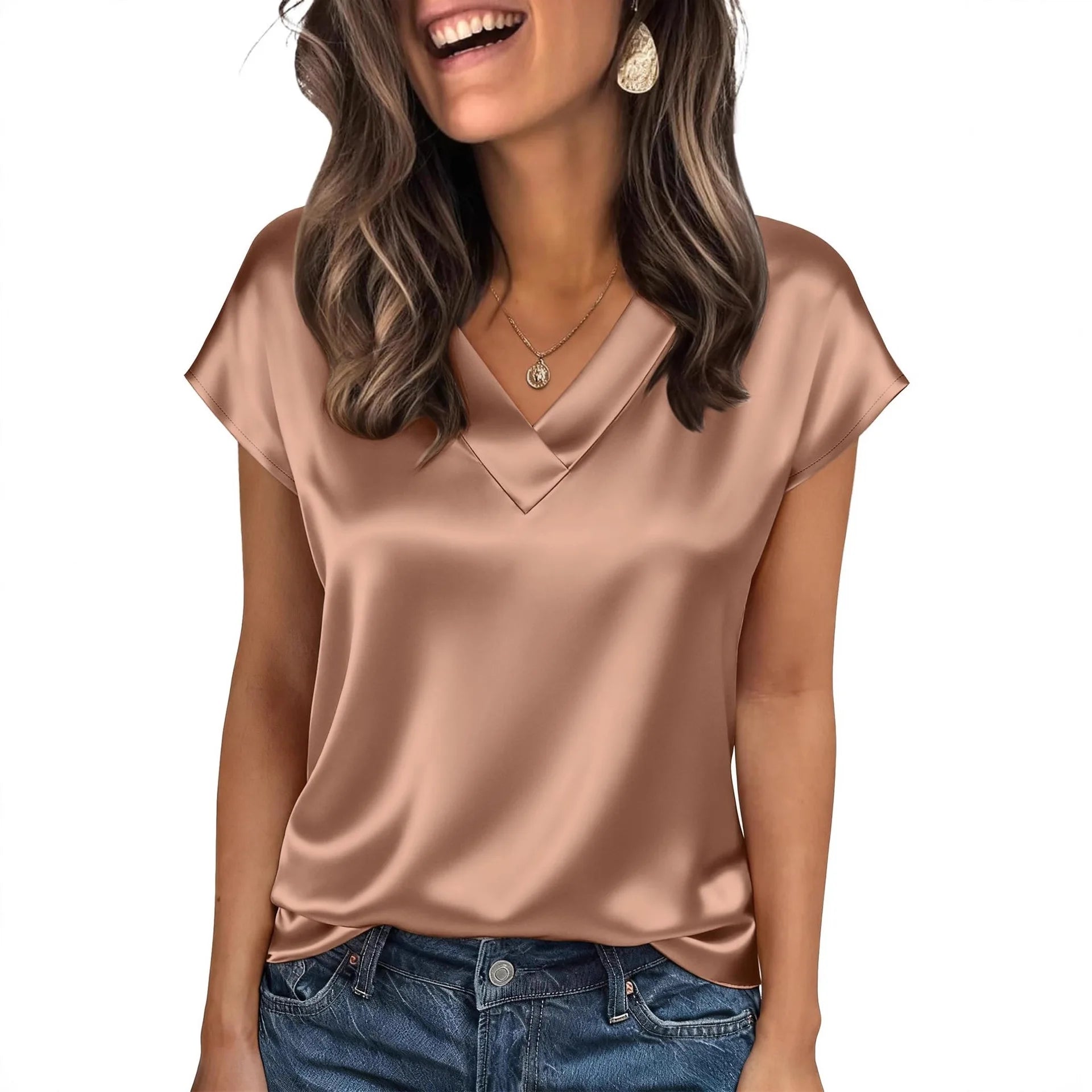 Women's Satin V-Neck Short Sleeve Blouse