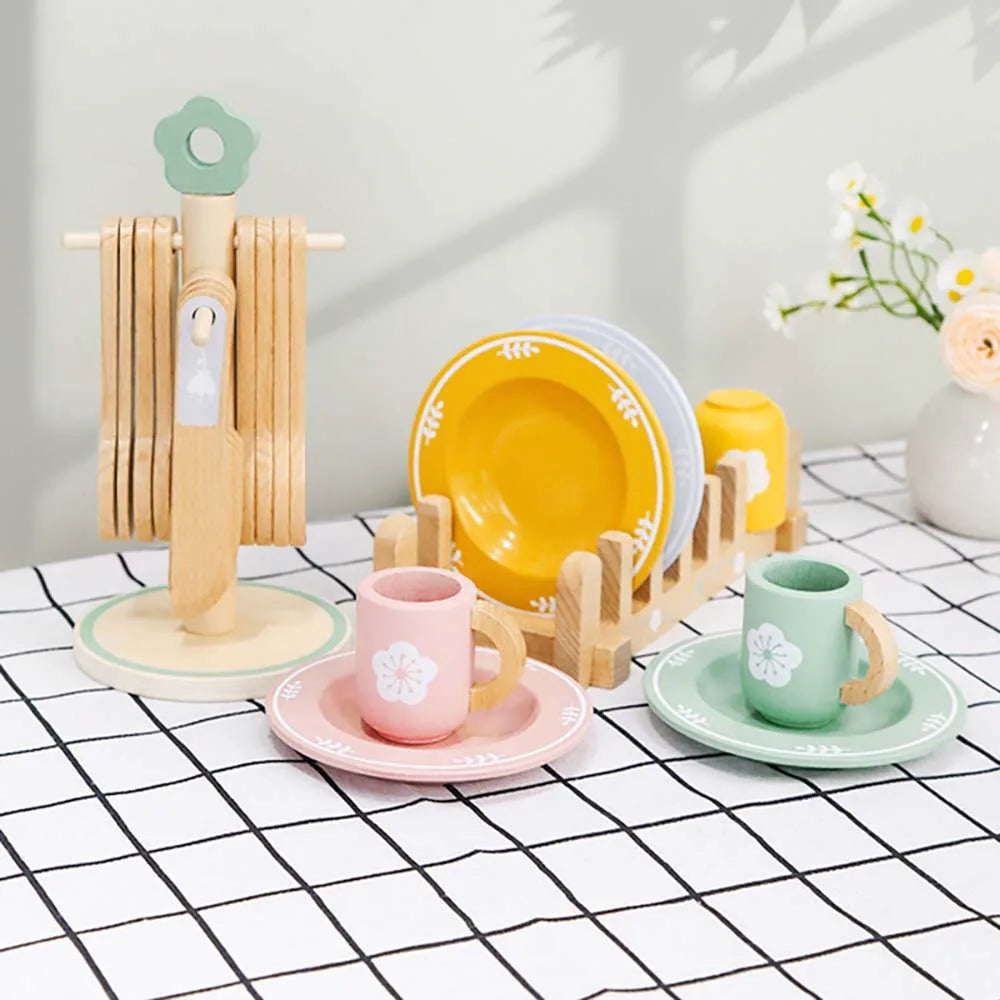 Tea Party Set Dessert Stand Playset ,Wooden Toys Pretend Play Food Kitchen Accessories for Toddler Tea Set Birthday Gift