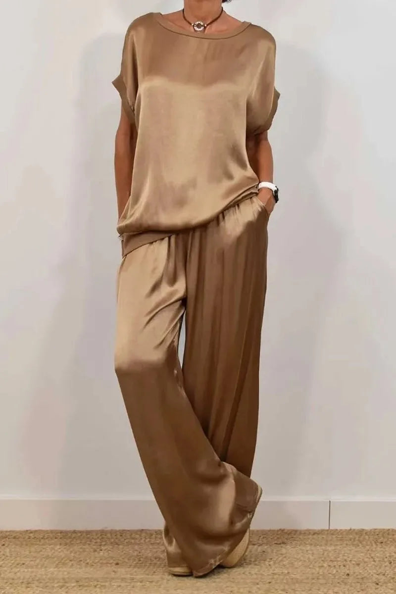 2-piece Set Fashion Satin O Neck T-shirt Top Trousers Summer Retro Elegant Casual Loose Wide-leg Pants Female Home Clothing Suit
