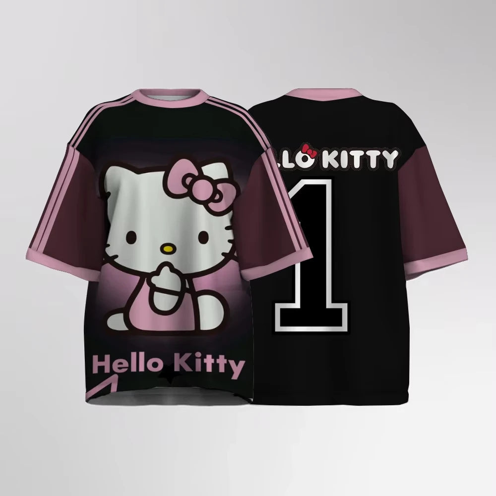 2026 women's letter pattern knitted shirt, oversized Hello Kitty print Short sleeved T-shirt top, streetwear Women's jersey
