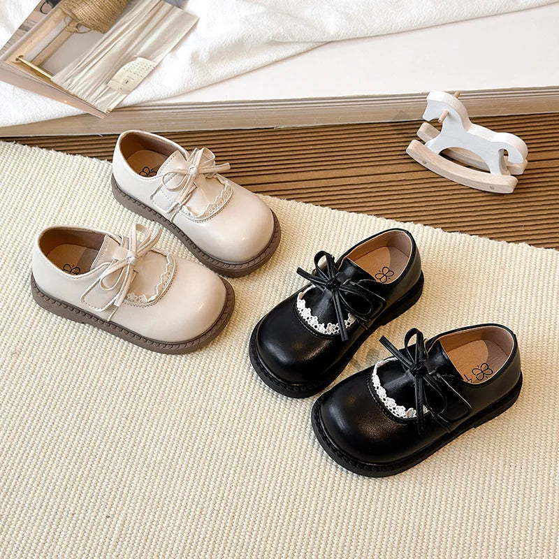 Girls Lace Trim Bow Mary Jane Princess Flat Shoes