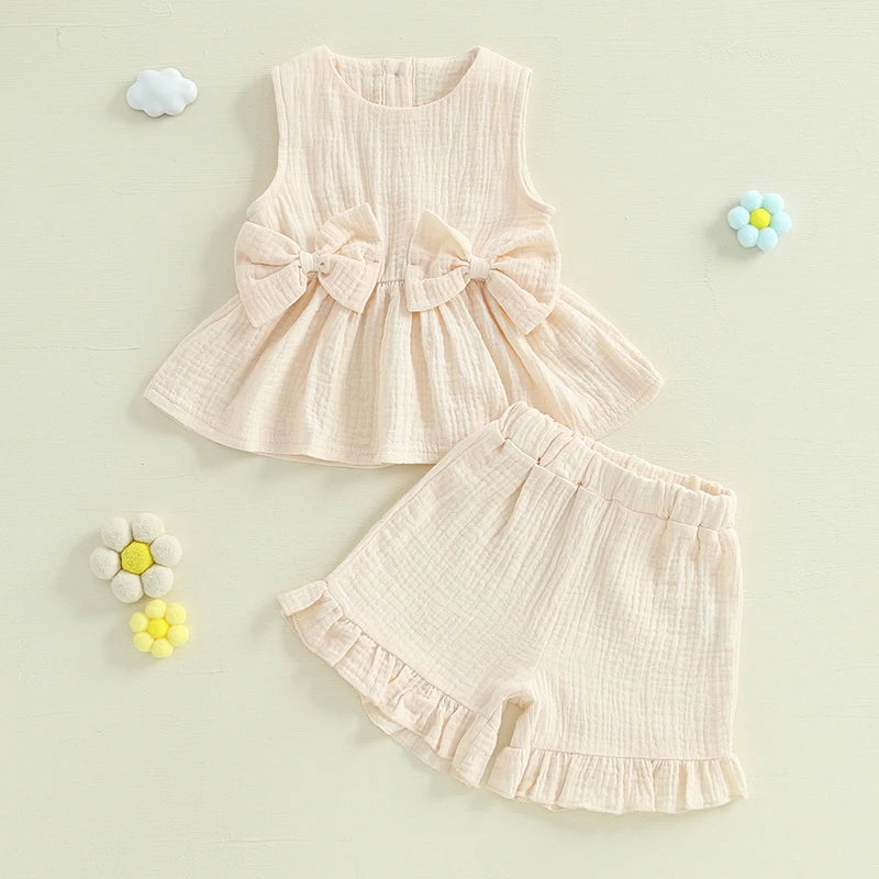 Toddler Girl Summer Tank Top & Ruffled Shorts Set – Bow Crew Neck 2-Piece Outfit
