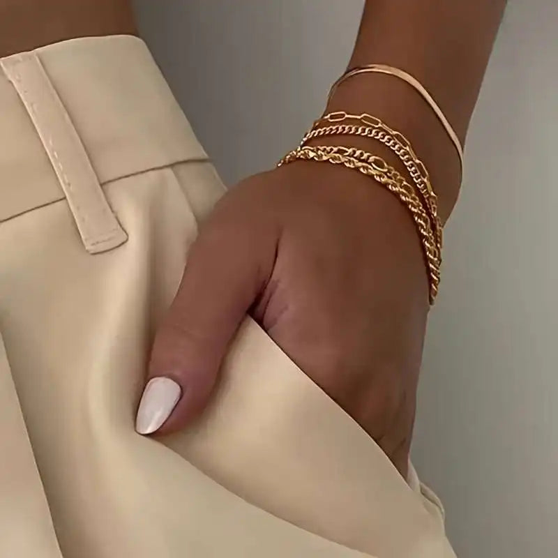 Gold Bracelet Set – 5-piece set, featuring a Cuban chain, bow-tie chain, and simple bracelets. Perfect for everyday wear and gifts, punk-style jewelry collection. Ideal for autumn and winter accessories. Perfect for parties