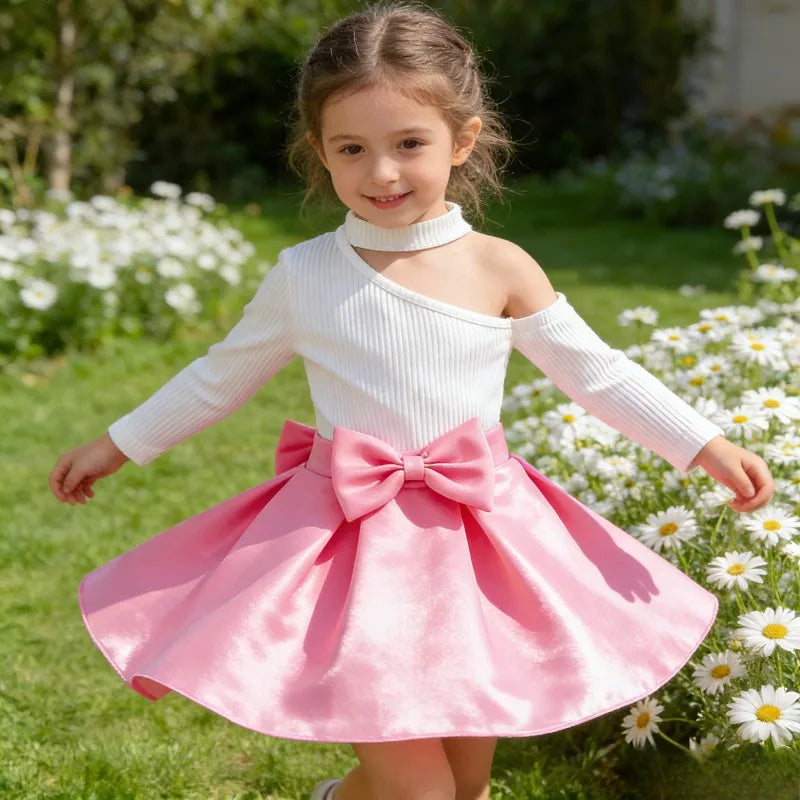 Girls' Off-Shoulder Bow Ruffle Sleeve Two-Piece Dress Set