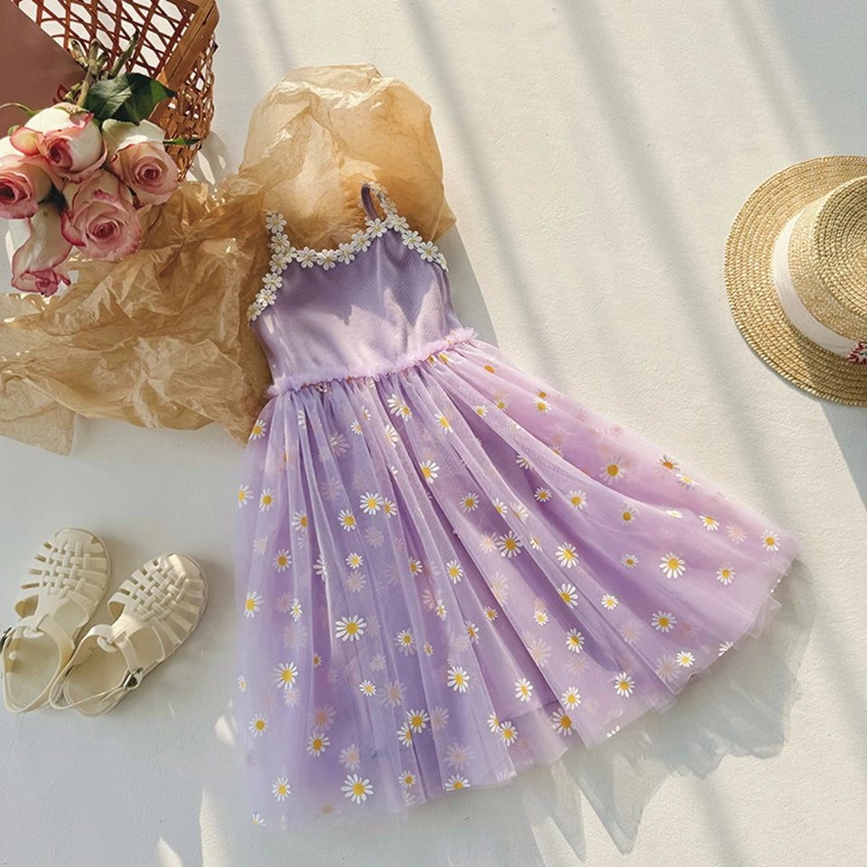 2026 Summer Girls Sling Dress Cute Daisy Print Tulle Skirt Casual Party Dress Kids Princess Dress with Lace Flower Trim 2-8Years