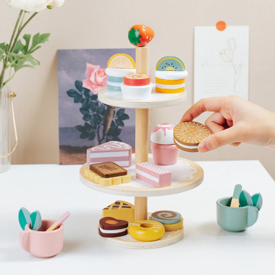 Tea Party Set Dessert Stand Playset ,Wooden Toys Pretend Play Food Kitchen Accessories for Toddler Tea Set Birthday Gift