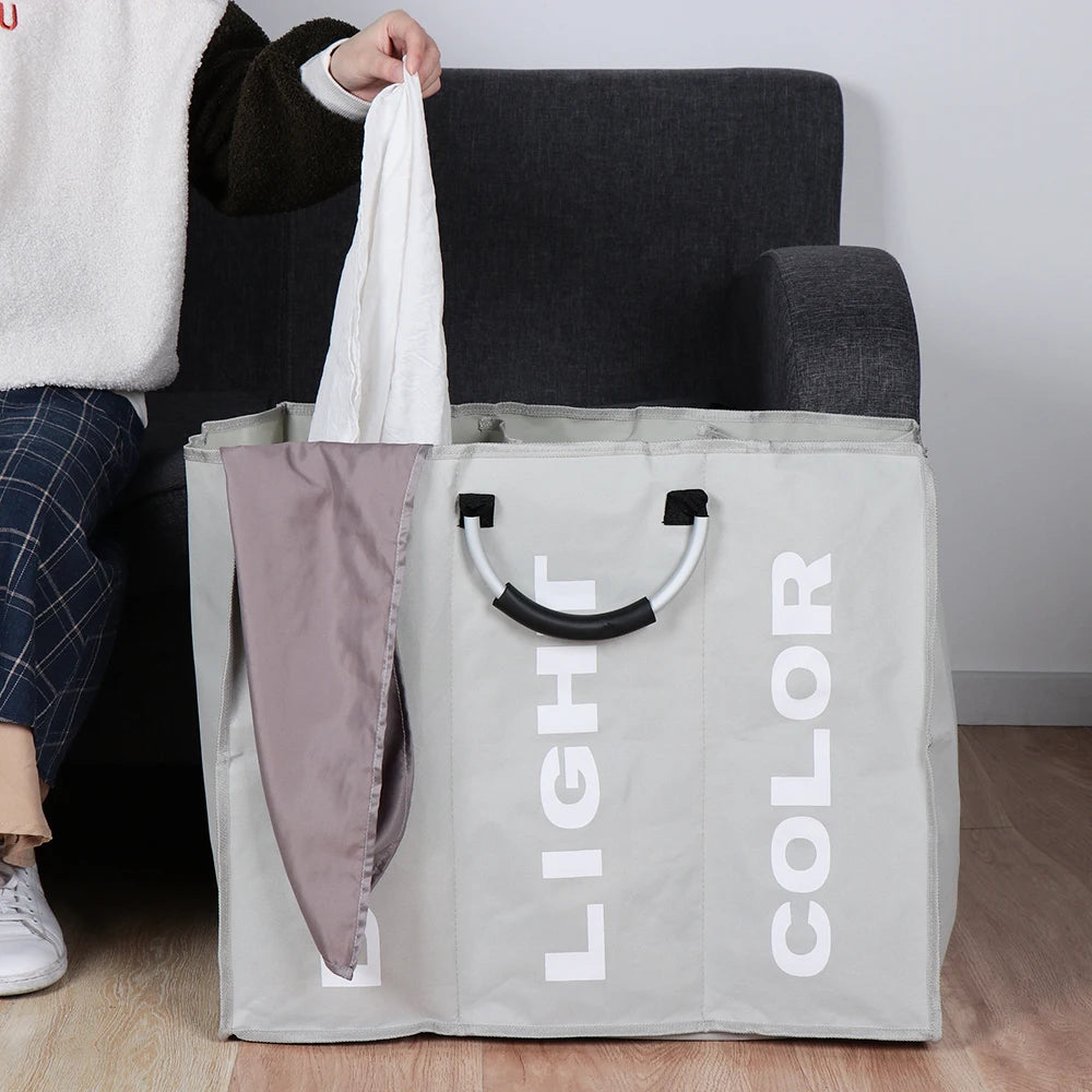 1PC Foldable Home Laundry Basket Large Dirty Laundry Basket Hamper 3 Section Oxford Cloth Dirty Clothes Bag with Aluminum Handle