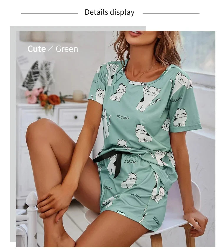 2026 Women Casual Cute Outdoor Shits with Shorts Pajamas Sets Short Sleeve Sleepwear 2 Piece Pjs Cartoon Cat Print Pyjamas Sets