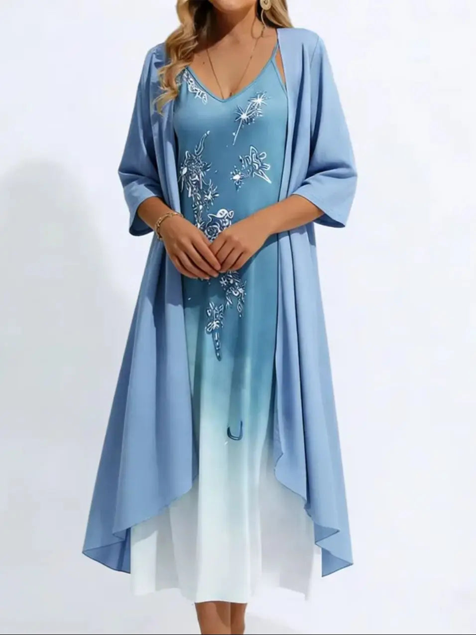 Women's Embroidered Spaghetti Strap Maxi Dress & Open Front Cover-Up Set