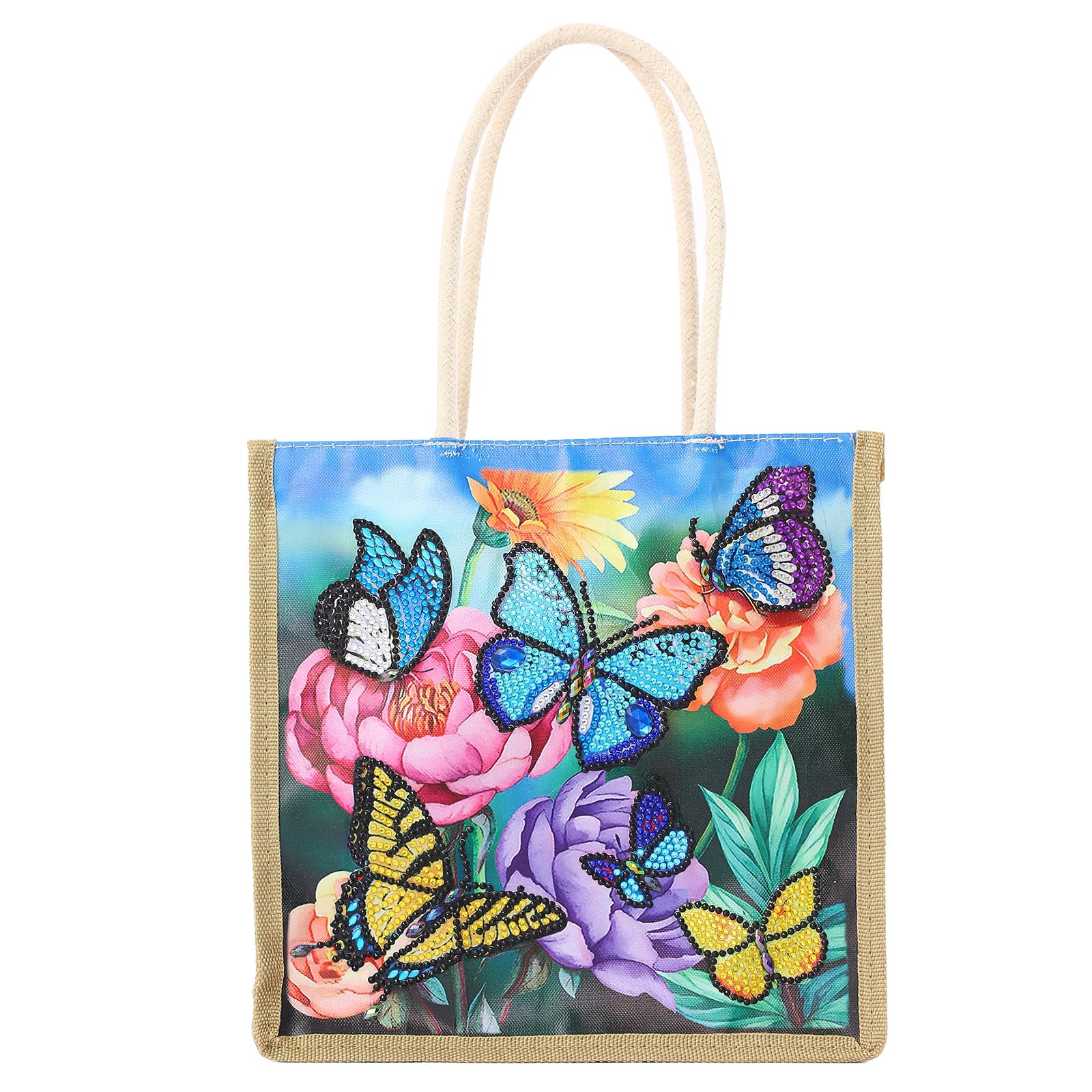 Flower Butterfly Diamond Art Painting Tote Bag,5D DIY Rhinestone Cross Stitch Shopping Bag Shoulder Bag Canvas Grocery Bag