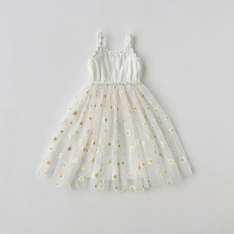 2026 Summer Girls Sling Dress Cute Daisy Print Tulle Skirt Casual Party Dress Kids Princess Dress with Lace Flower Trim 2-8Years