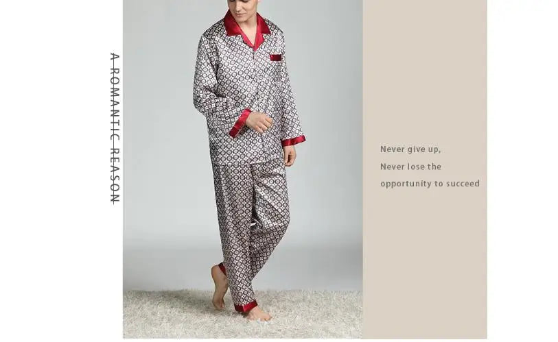 2026Men's Spring Summer Pajamas Sets Long Sleeve Tops&Pants Two-pieces Satin Home Clothes Male Ice Silk Printed Lounge Nightwear