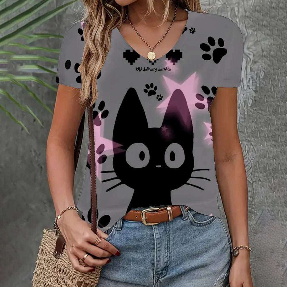Women's Loose Short Sleeve 3D Cat Print T-Shirt – V-Neck Casual Summer Top