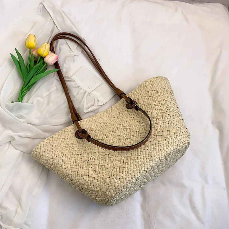 Women's Woven Straw-Style Bucket Tote Bag