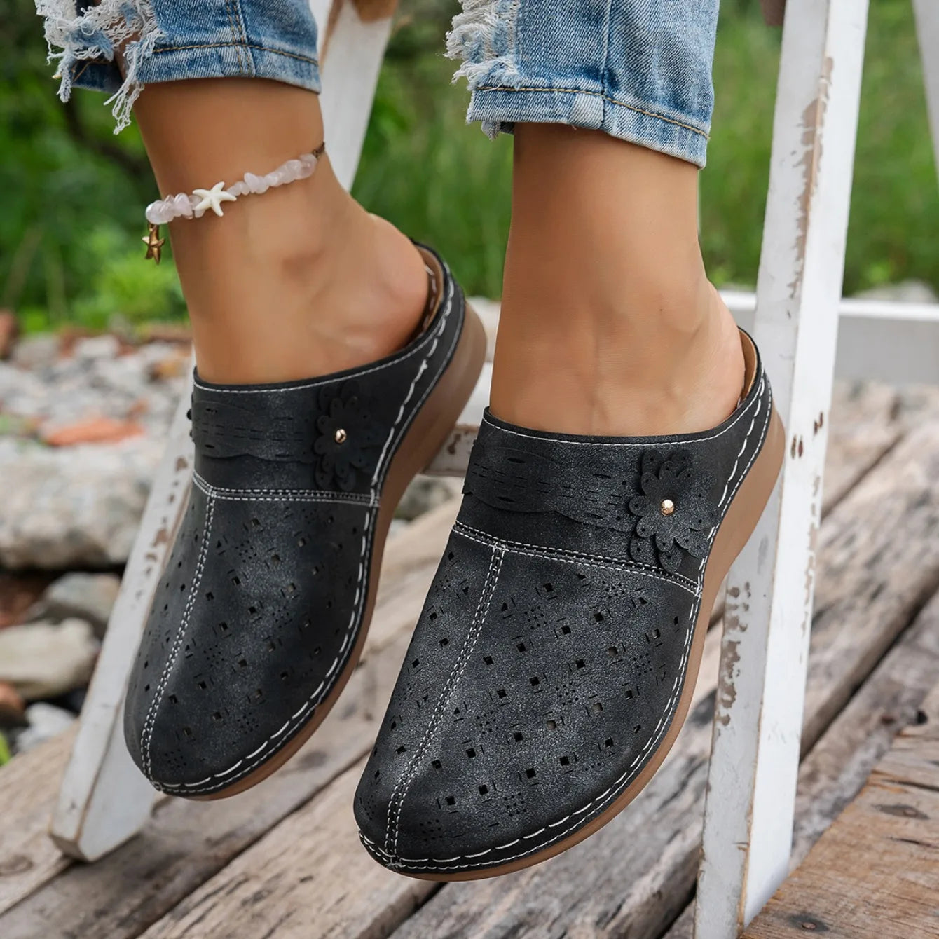 Women's Metal Accent PU Slip-On Mule Flats