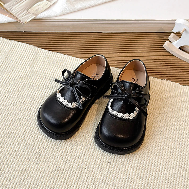 Girls Lace Trim Bow Mary Jane Princess Flat Shoes