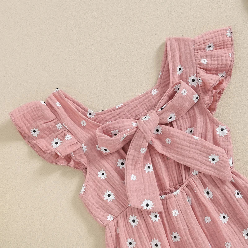 Baby Girls Floral Print Backless Bowknot Cotton Romper