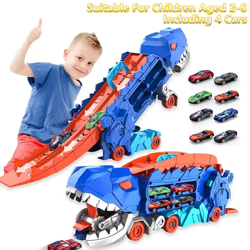 New Dinosaur Truck Race Track Toy Set With 4 Alloy Cars Foldable Transforming Into T-Rex STEAM Toys For Boys Girls Birthday Play