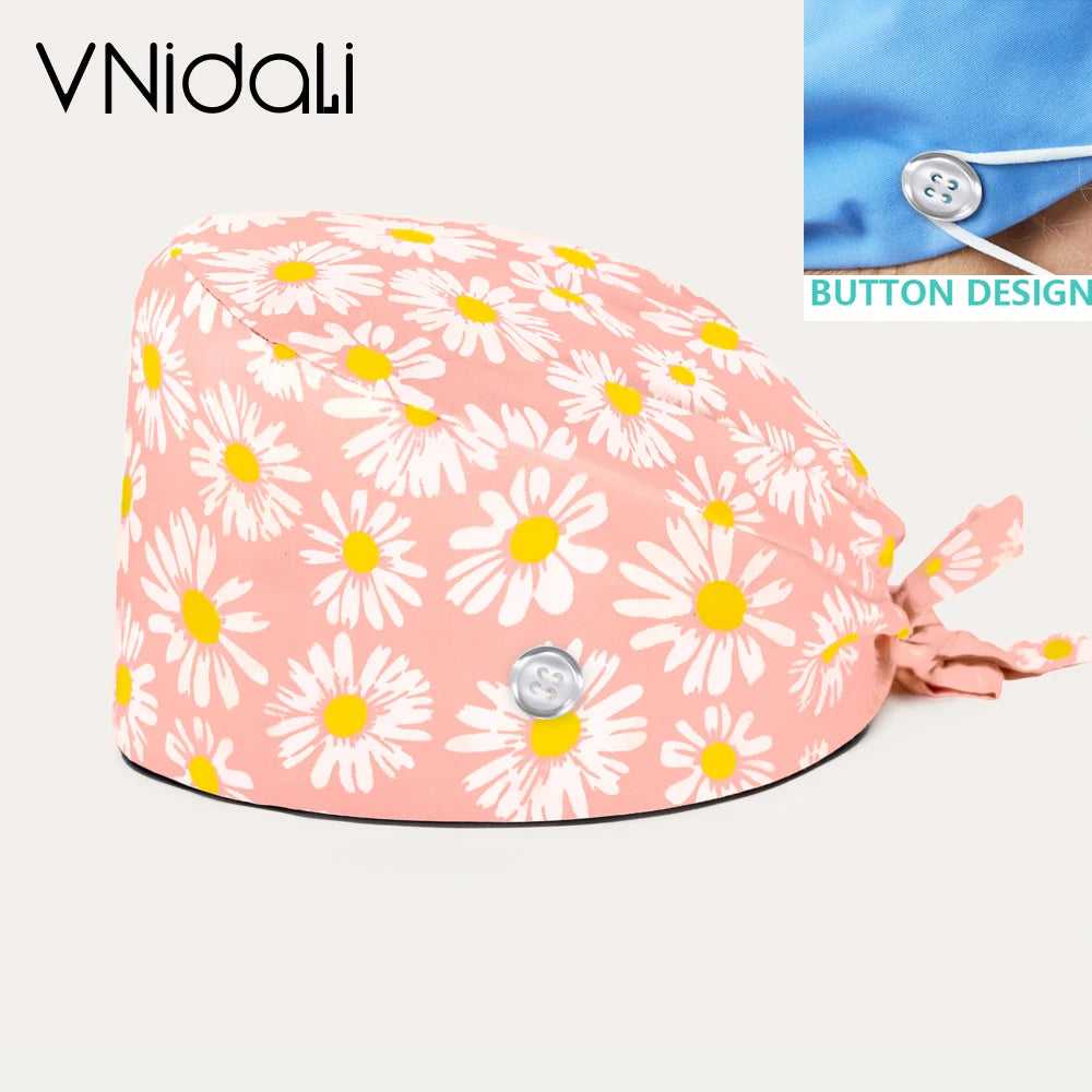 Floral Cotton Scrub Cap with Button – Adjustable Surgical Hat for Nurses, Doctors & Pet Groomers | 17 Colors