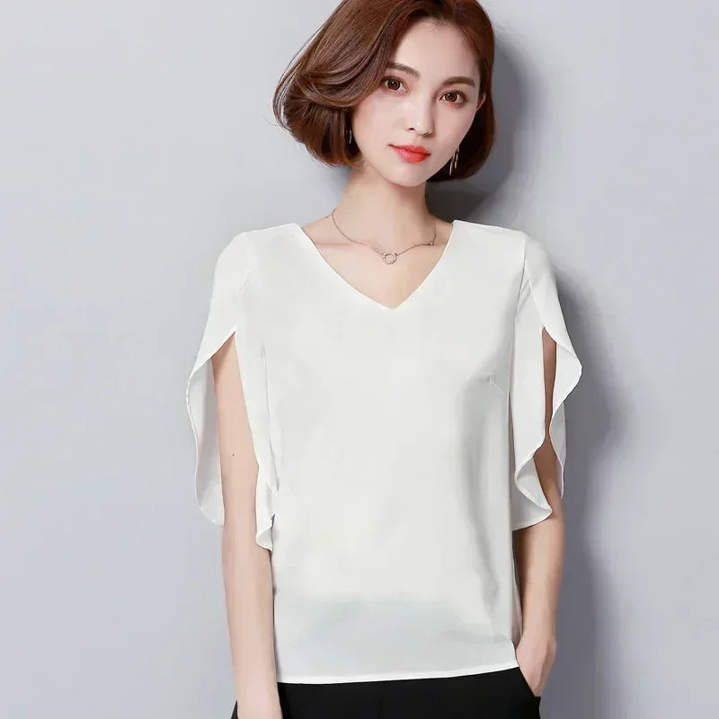 Women Chiffon Short Sleeve Shirt Sexy V-neck Loose Ruffled Chiffon Blouse.