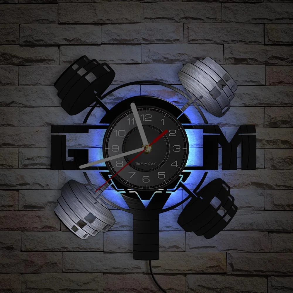 Fitness Equipment Theme Vinyl Record Fitness Wall Clock Home Decoration LED Backlight Modern Fitness Watch