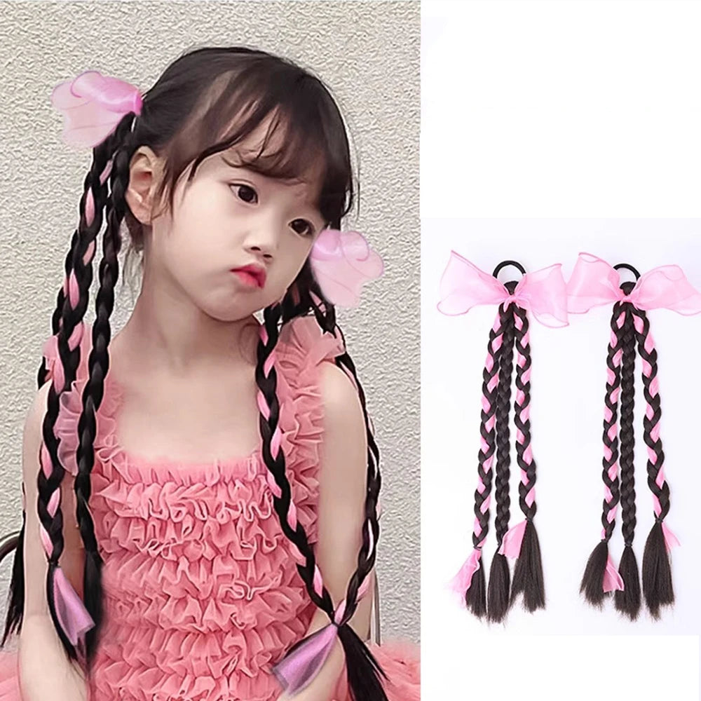 1PC Colorful Bow Wig Braids Hair Rings Ponytail Sweet Cool Twist Long Braids Hair Tie For Girls Women