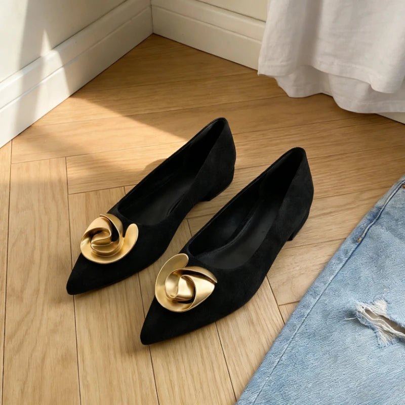 Women's Metal Flower Flock Pointed Toe Flats
