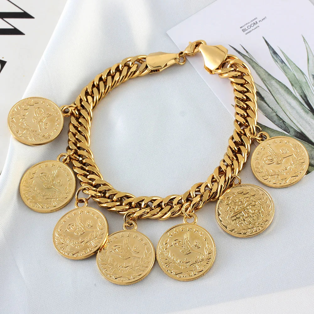 Turkish Coin Charm Bracelet – Gold-Tone Bangle for Women