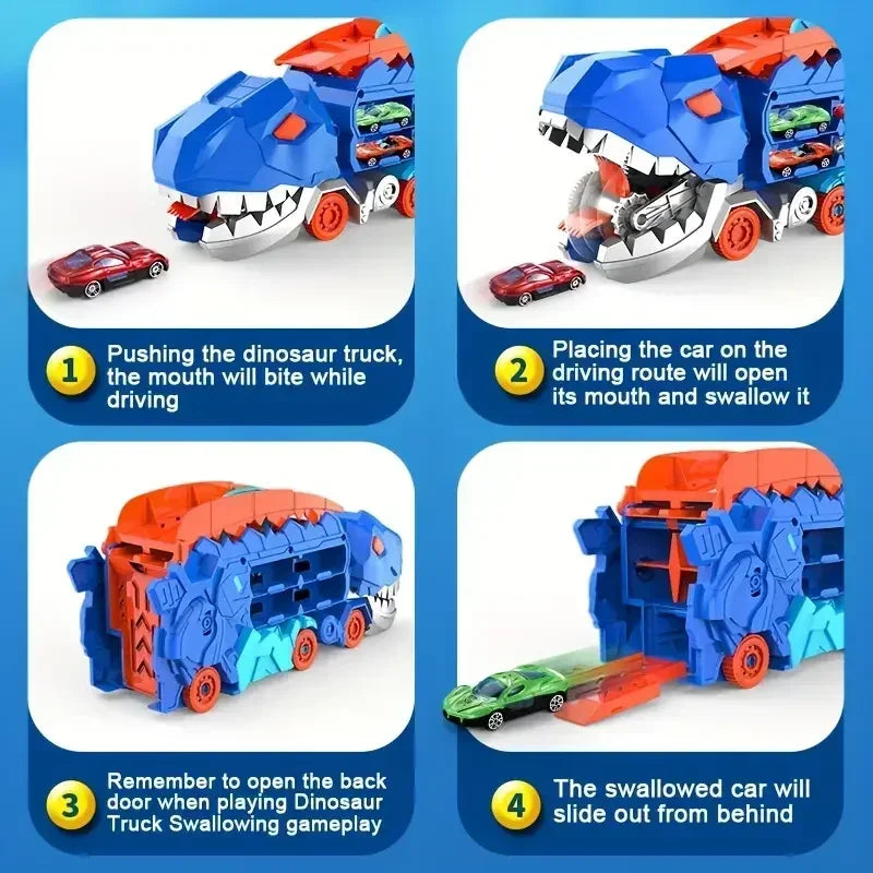 New Dinosaur Truck Race Track Toy Set With 4 Alloy Cars Foldable Transforming Into T-Rex STEAM Toys For Boys Girls Birthday Play
