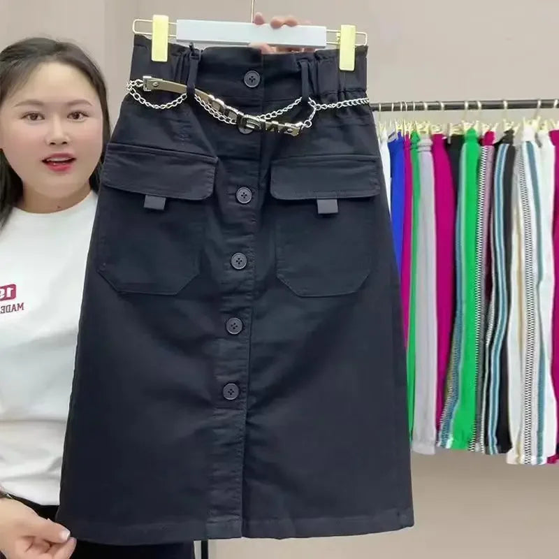 2026 Spring Summer New Women's High Waist Slim Skirts Female Fashion Buttons A-line Skirts Ladies Solid Color Casual Skirts