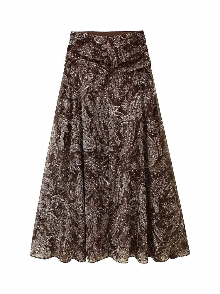 HH 2026 Woman New Early Spring Fashion Chiffon Printing Pleated Decoration Large Hem Midi Skirt Female Casual Chic Party Skirt