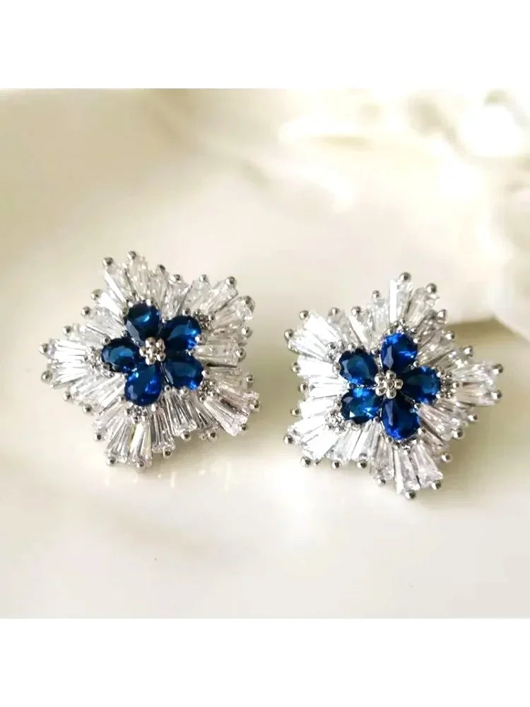 Gorgeous Blue Cubic Zirconia Stud Earrings Engagement Wedding Party Accessories for Women Blue Earrings Fashion Jewelry