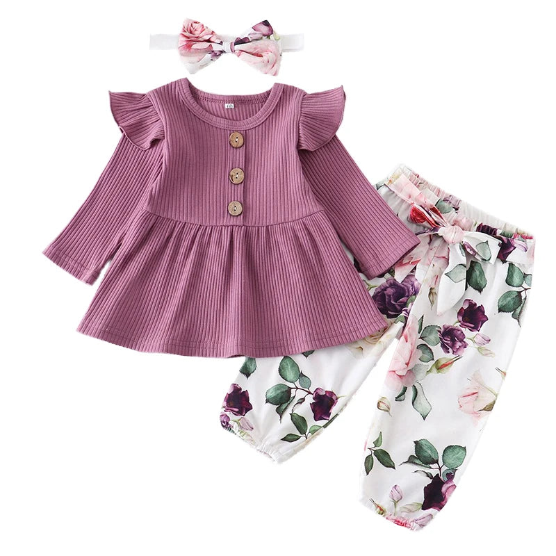 Newborn Baby Girl 3-Piece Knit Top, Floral Pants & Headband Set