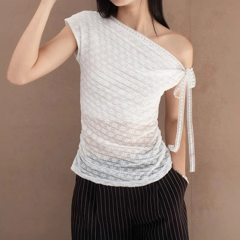 2026 Summer Women's Clothing Street Style One-shoulder Asymmetric Lace Lace Off-shoulder Lace Short-sleeved T-shirt for Women