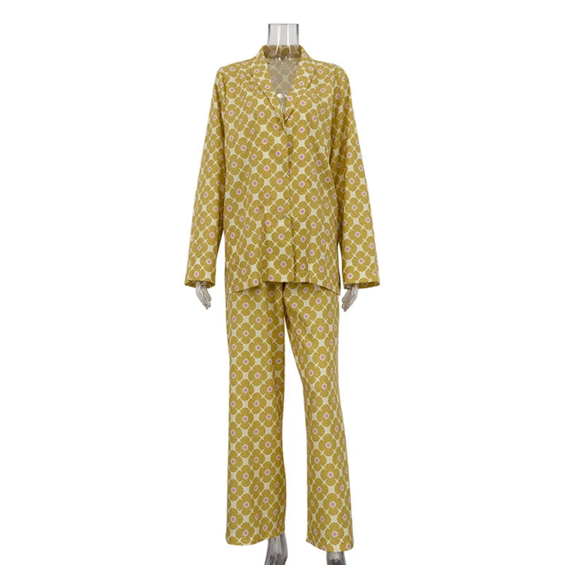Loose Geometric Print Shirt Pant Sets for Women Ribbon Lapel Full Sleeve Pocket Shirts Wide Leg Trouser Summer Casual Suits
