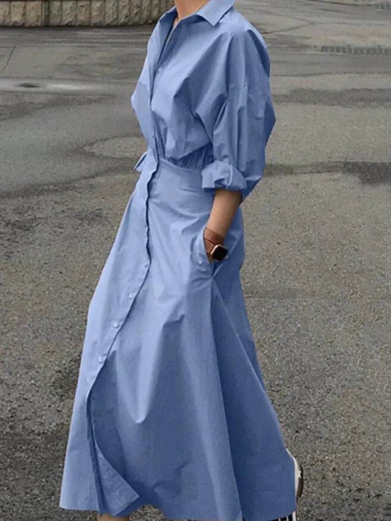 Women's Summer Long Dresses 2026 Spring Fall New Clothes Blue Puff Sleeves Botton Simple Casual Maxi Shirts Dresses for Women